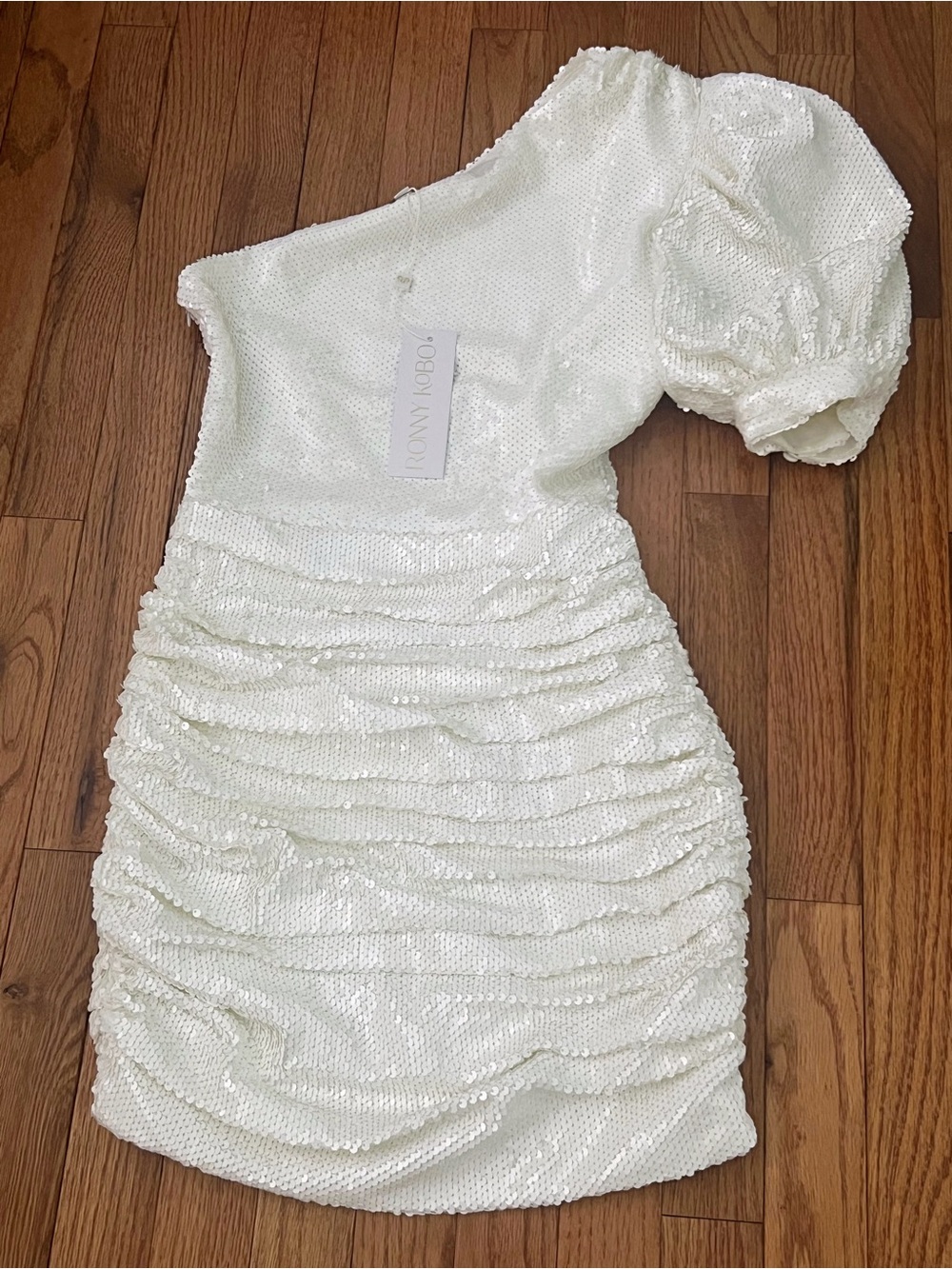 Ronny Kobo Collection One-Shoulder White Sequin Mini Dress